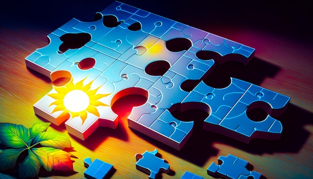 Foto pezzo del puzzle con il sole che splende su di esso ai generativa