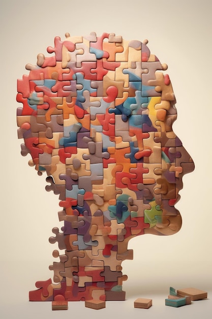 Foto pezzi di un puzzle che formano un cervello che simboleggia la salute cognitiva creata con l'intelligenza artificiale generativa