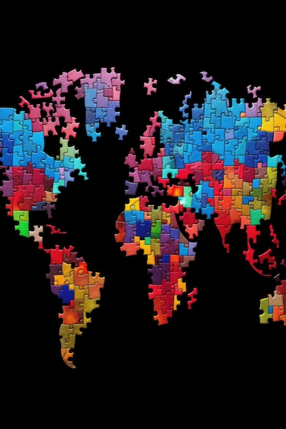 Puzzle pieces forming a world map for global unity created with generative ai