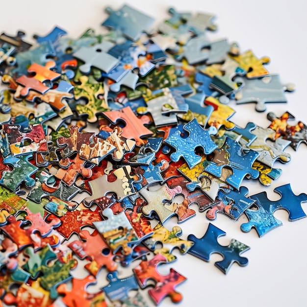 Foto pezzi di puzzle sparsi e collegati su una superficie piatta che mostra una sezione di un complesso