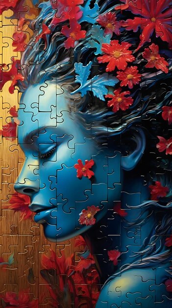 A puzzle with a woman's face and leaves on it