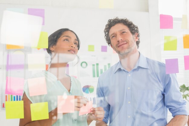 Puzzled business team looking post its on the wall