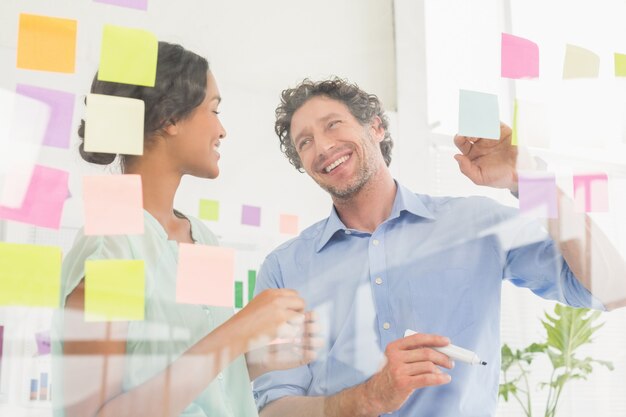 Puzzled business team looking post its on the wall