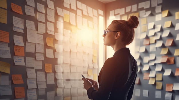 Puzzled businesswoman stands near board with lots of sticky notes for reminders