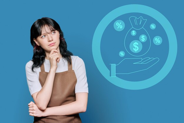 Puzzled young woman staff in apron thinking about financial profit