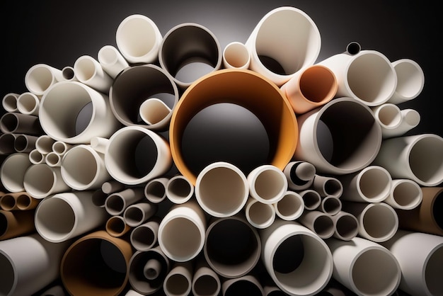 PVC plastic pipes and tubes stacked on black background