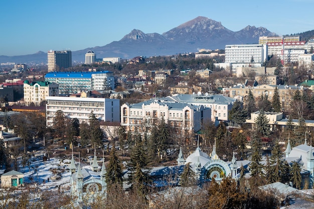 Pyatigorsk city centre and a mountain Beshtau aerial panoramic view. Russia