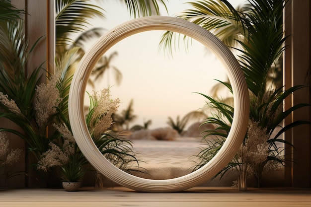 Pygmy palm branches form oval frame on sandy background