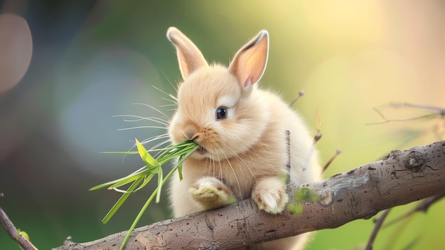 Кролик-пигмей ест на ветке дерева с листьями