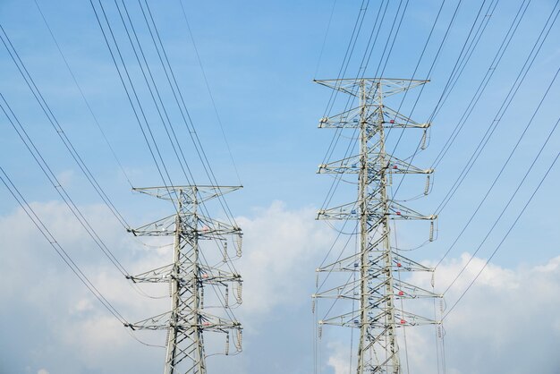 Pylon and high voltage powerline over the blue sky