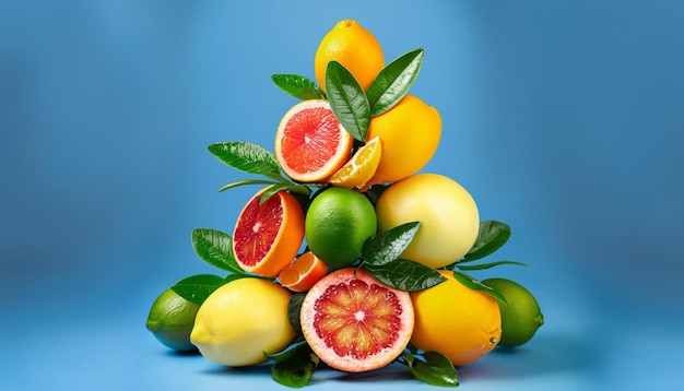青い背景の葉で飾られた<unk>,グレープフルーツ,レモン,オレンジ,ライムのピラミッド