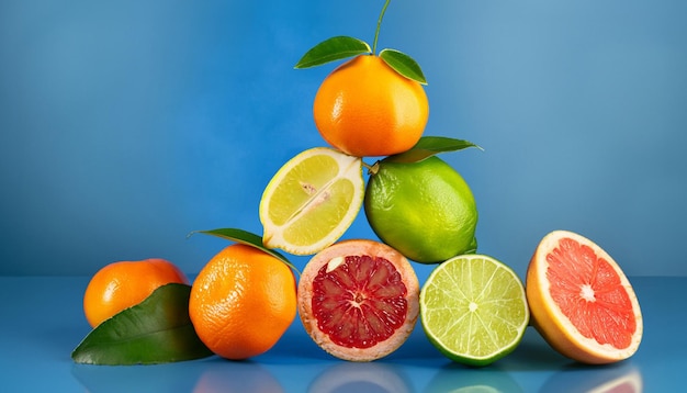Foto piramide di agrumi, pompelmi, limoni, arancioni e lime decorate con foglie su uno sfondo blu