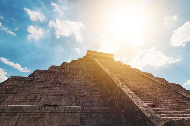 Pyramid and city in ruins in Tulum Mexico