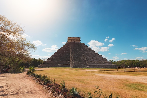 Pyramid and city in ruins in Tulum Mexico