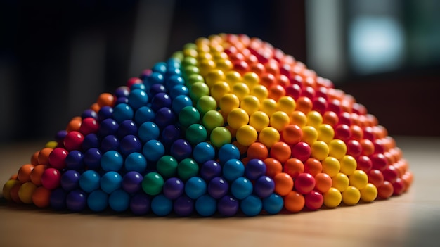 A pyramid of colored balls sits on a table.