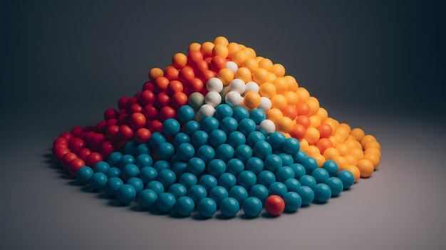 A pyramid of colorful balls sits on a grey surface.