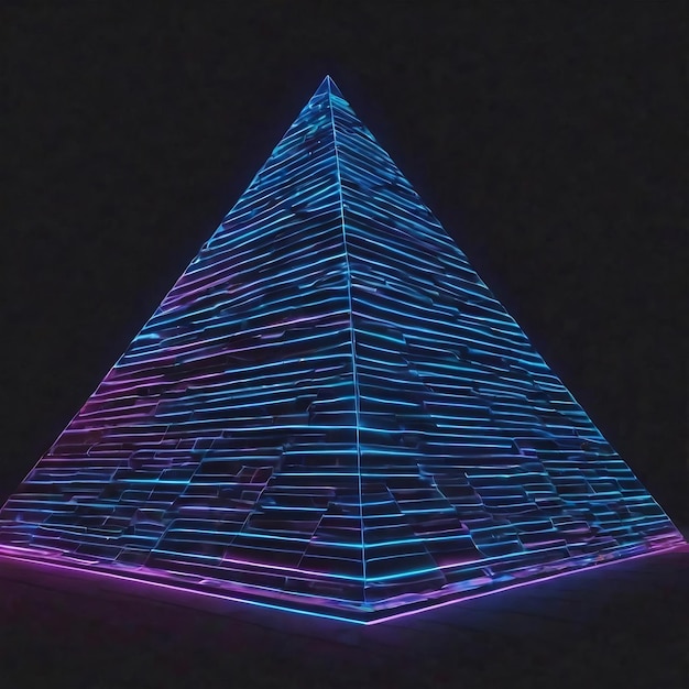 写真 黒い背景の青いネオンで輝く光のストライプで構成されたピラミッド