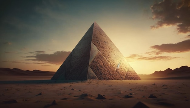 pyramid in the desert at sunset