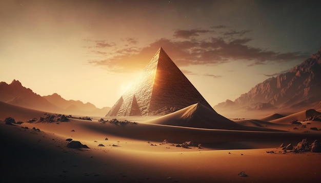 pyramid in the desert at sunset