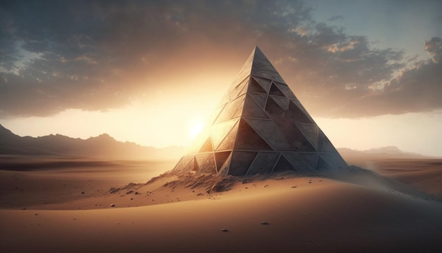 pyramid in the desert at sunset