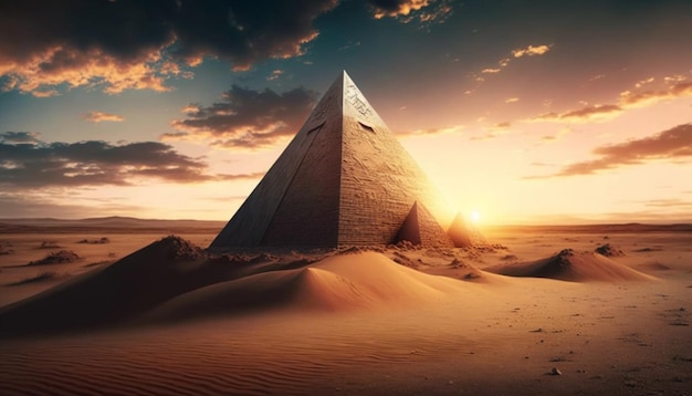 pyramid in the desert at sunset
