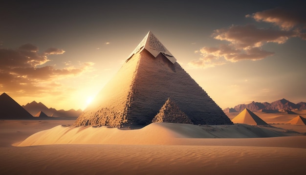 pyramid in the desert at sunset