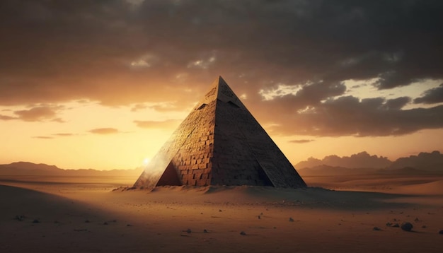 pyramid in the desert at sunset