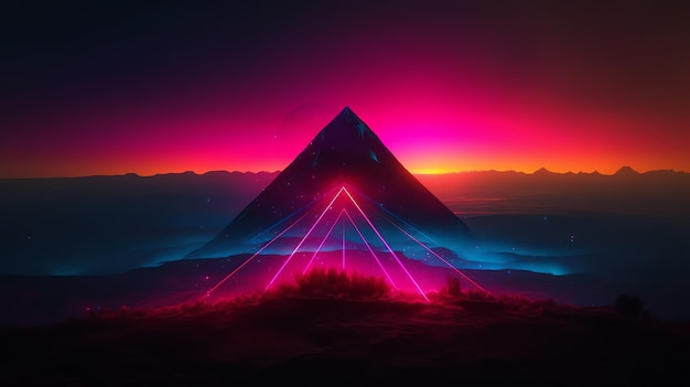 A pyramid in the desert with neon lights.