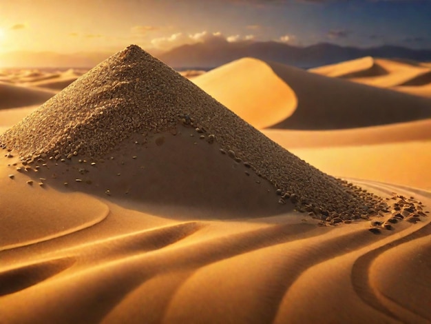 A pyramid in the desert with sand