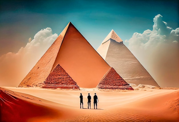 Photo a pyramid in egypt with three men standing in front of it.