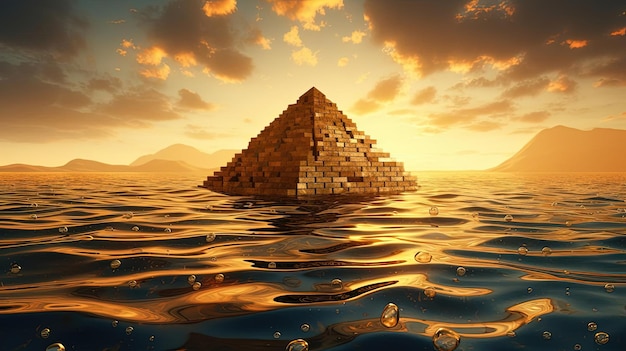 Foto una piramide d'oro fluttuante nell'oceano con tramonto in stile denaro a tema