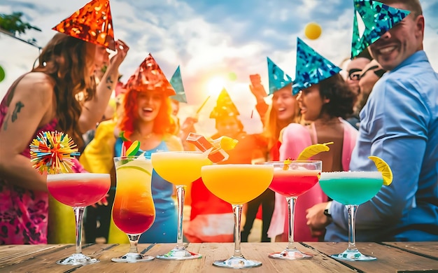 Фото Пирамида из бокалов на праздновании красочные коктейли закрывают вечеринку на открытом воздухе на закате