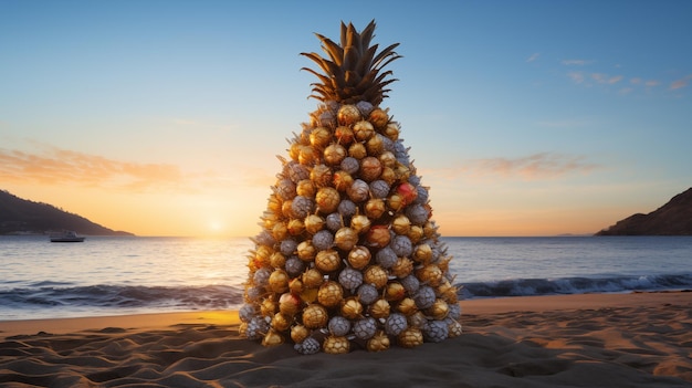 큰 파인애플 모양 의 금 과 은 공 의 피라미드 가 해변 의 모래 에 서 있다