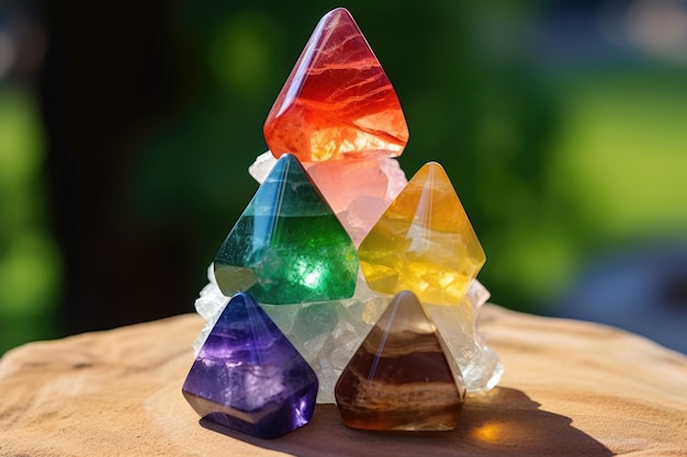 A pyramid of healing crystals in seven chakra colors