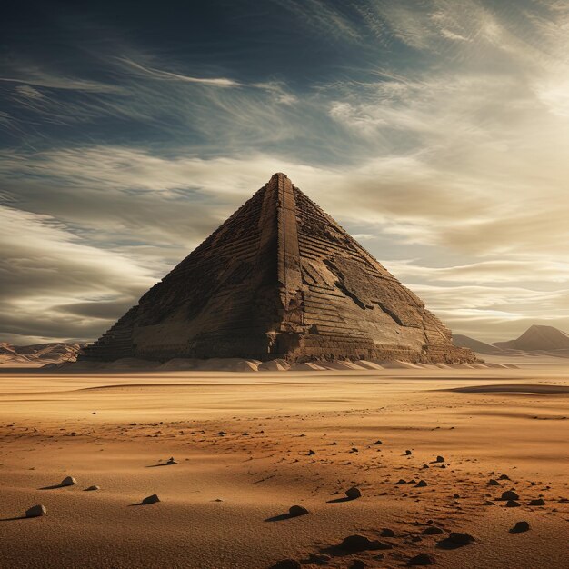 a pyramid is in the desert with the sun setting behind it