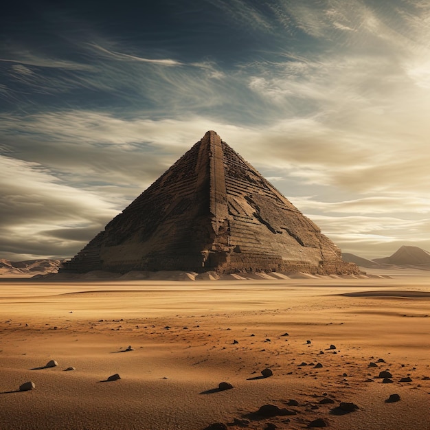 Photo a pyramid is in the desert with the sun setting behind it