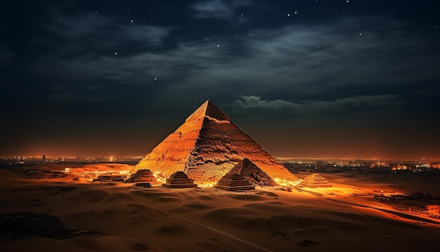 The Pyramid Lights Up on a Full Moon Ultra wide Aerial angle Commercial photography for tourism ad