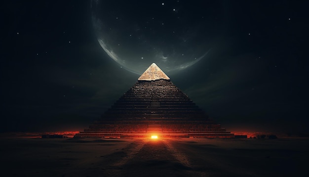 Photo the pyramid lights up on a full moon ultra wide aerial angle commercial photography for tourism ad