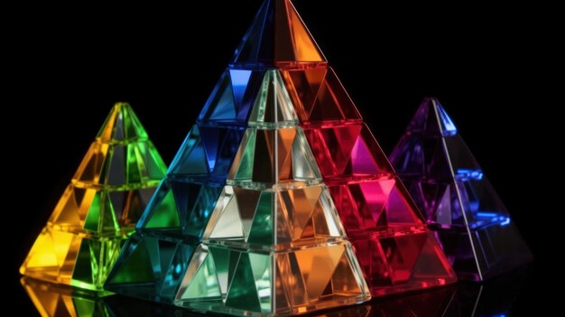 A pyramid made of colored glass with the word pyramid on it