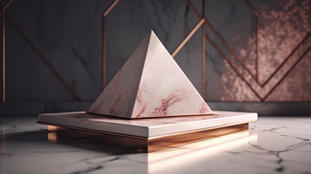 A pyramid on a marble table with gold and pink marble.