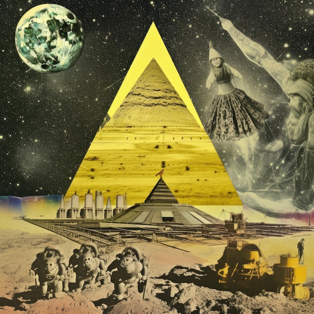 pyramid moon cat Abstract collage scrapbook yellow retro vintage surrealistic illustration