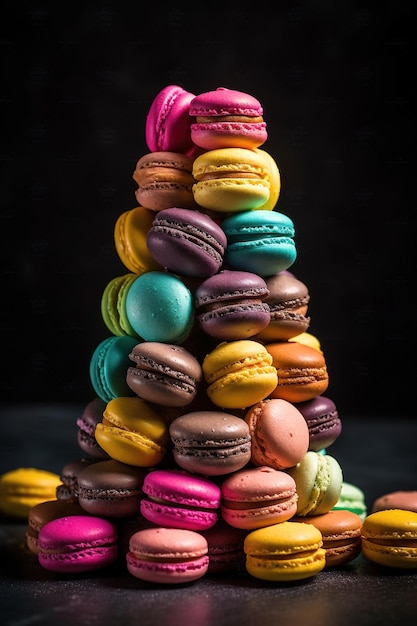 Pyramid of multicolored macarons on black background Generative Ai