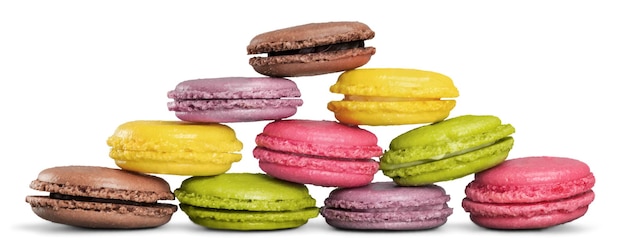 Pyramid of pastel macaroons on white background