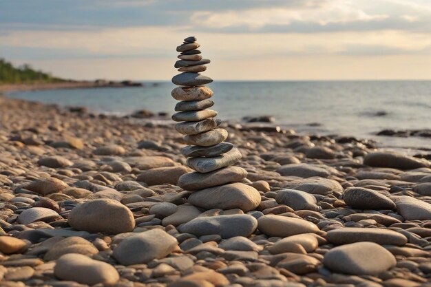 Pyramid of pebbles on the beach Zen concept