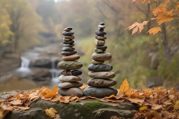 Pyramid of pebbles on a rock in the autumn forest