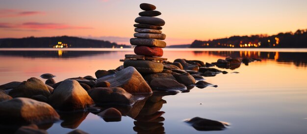 Photo pyramid of pebbles on the shore of a lake at sunset