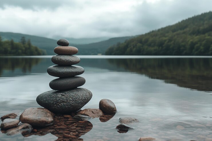 Photo a pyramid of rocks sits on a lake with a mountain in the background