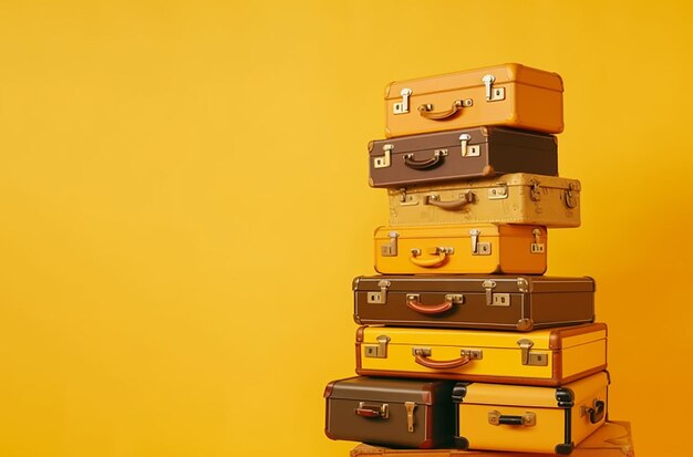 Pyramid of several vintage suitcases on a yellow background