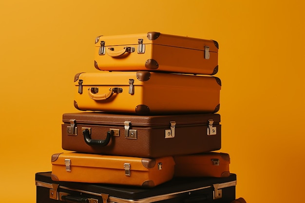 pyramid of several vintage suitcases on a yellow background