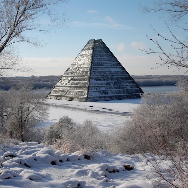 A pyramid in the snow with the trees in the background.